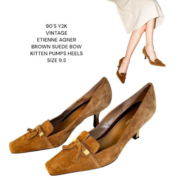 VINTAGE 90'S Y2K ETIENNE AIGNER BROWN SUEDE BOW KITTEN HEELS PUMPS 9.5 - Picture 1 of 5